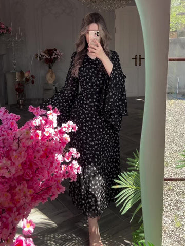 Woochic robe à manches longues col en V imprimée à volants couture noir S